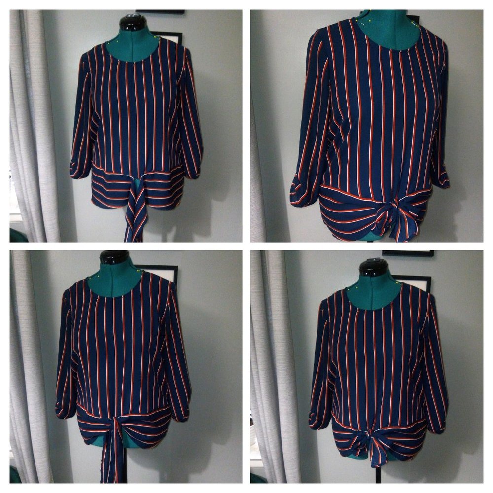 Maurice’s Pinstriped Tie Waist Blouse Sz Large Red White & Blue
